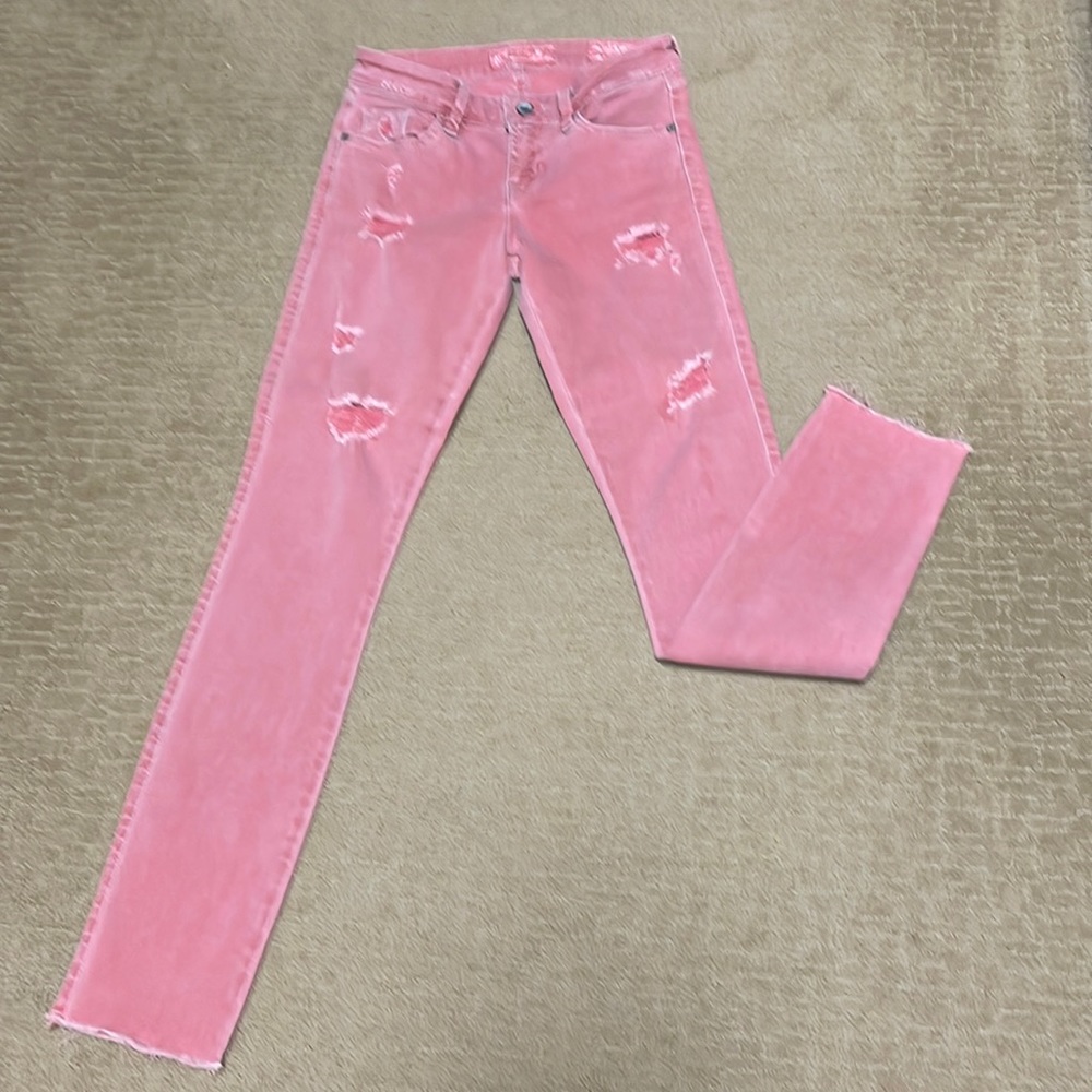 Guess jeans with front distressing. Size 25. Pale pink.
